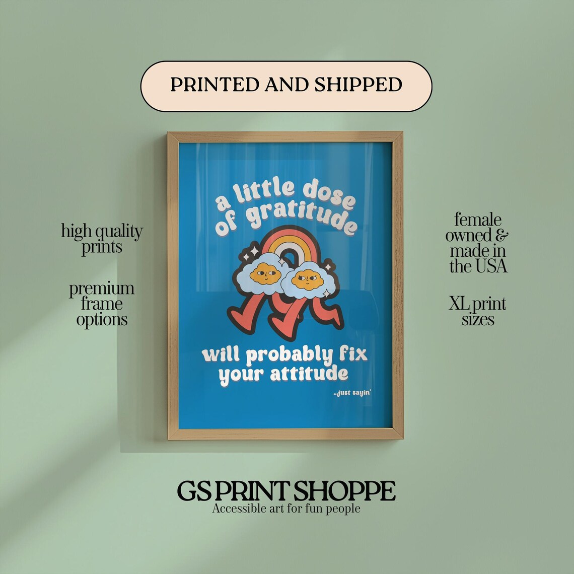 A Little Dose Of Gratitude Rainbow Clouds Blue Funny Quote Poster