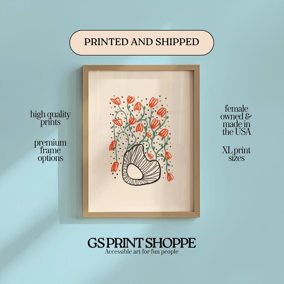 Black Vase Red Doodle Flower Hand Drawn Modern Botanical Line Poster