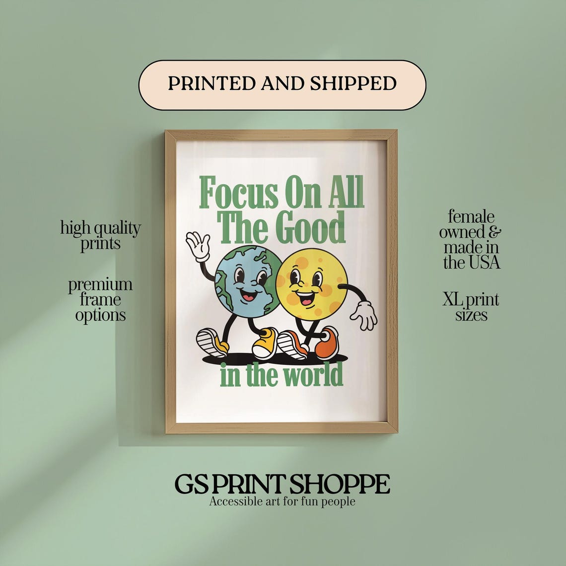 Focus On All The Good Poster Cute Earth Sun Mascot Quote Decor