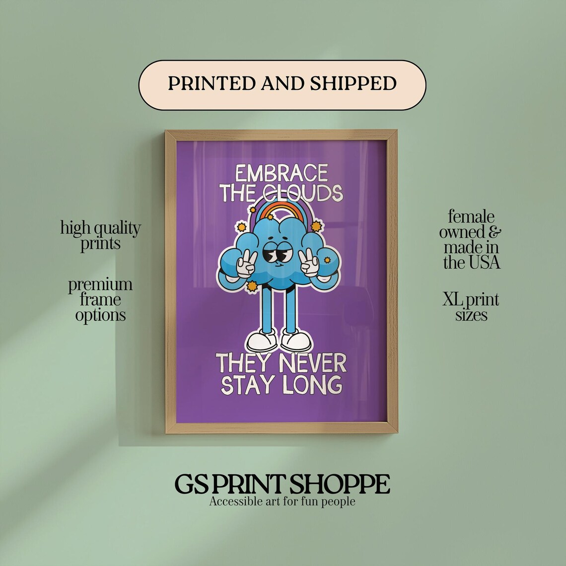 Embrace The Clouds Poster Cute Blue Cloud Mascot Purple Quote Art