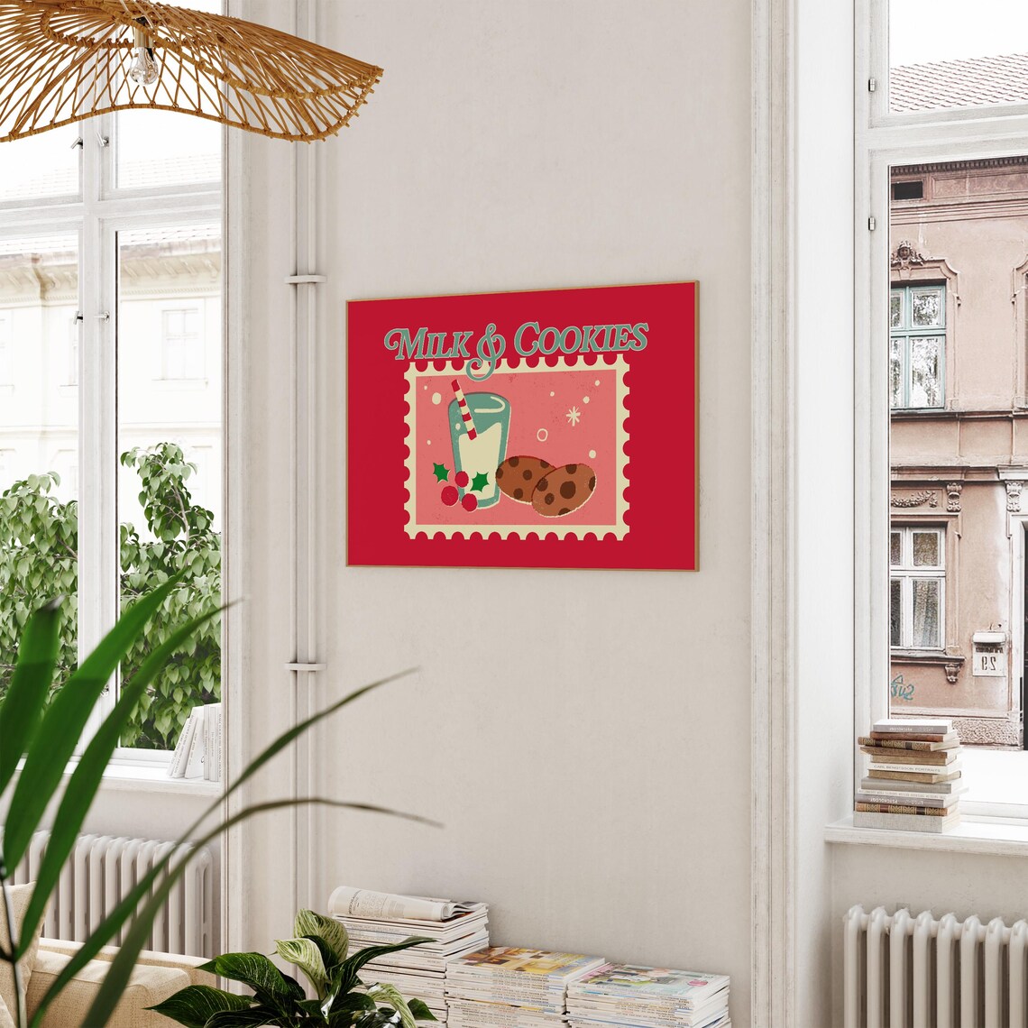 Milk And Cookies Retro Stamp Illustration Red Christmas Holiday Poster - Image 2