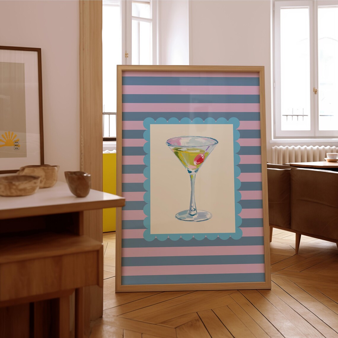 Martini Cherry Watercolor Pink Blue Striped Retro Bar Cart Poster