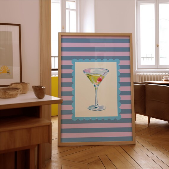 Martini Cherry Watercolor Pink Blue Striped Retro Bar Cart Poster