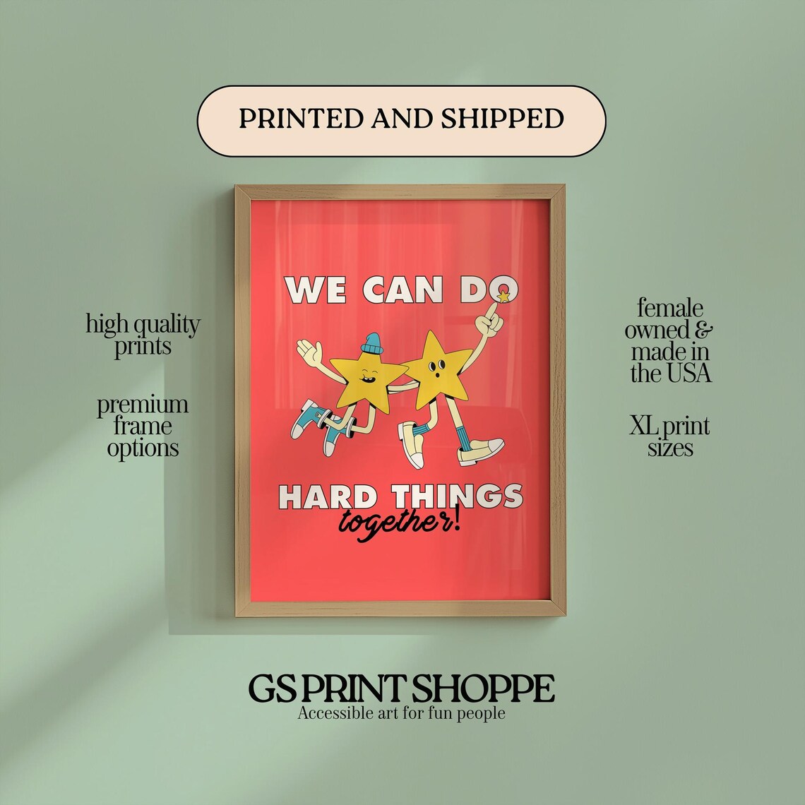 We Can Do Hard Things Together Stars Red Retro Encouragement Wall Art