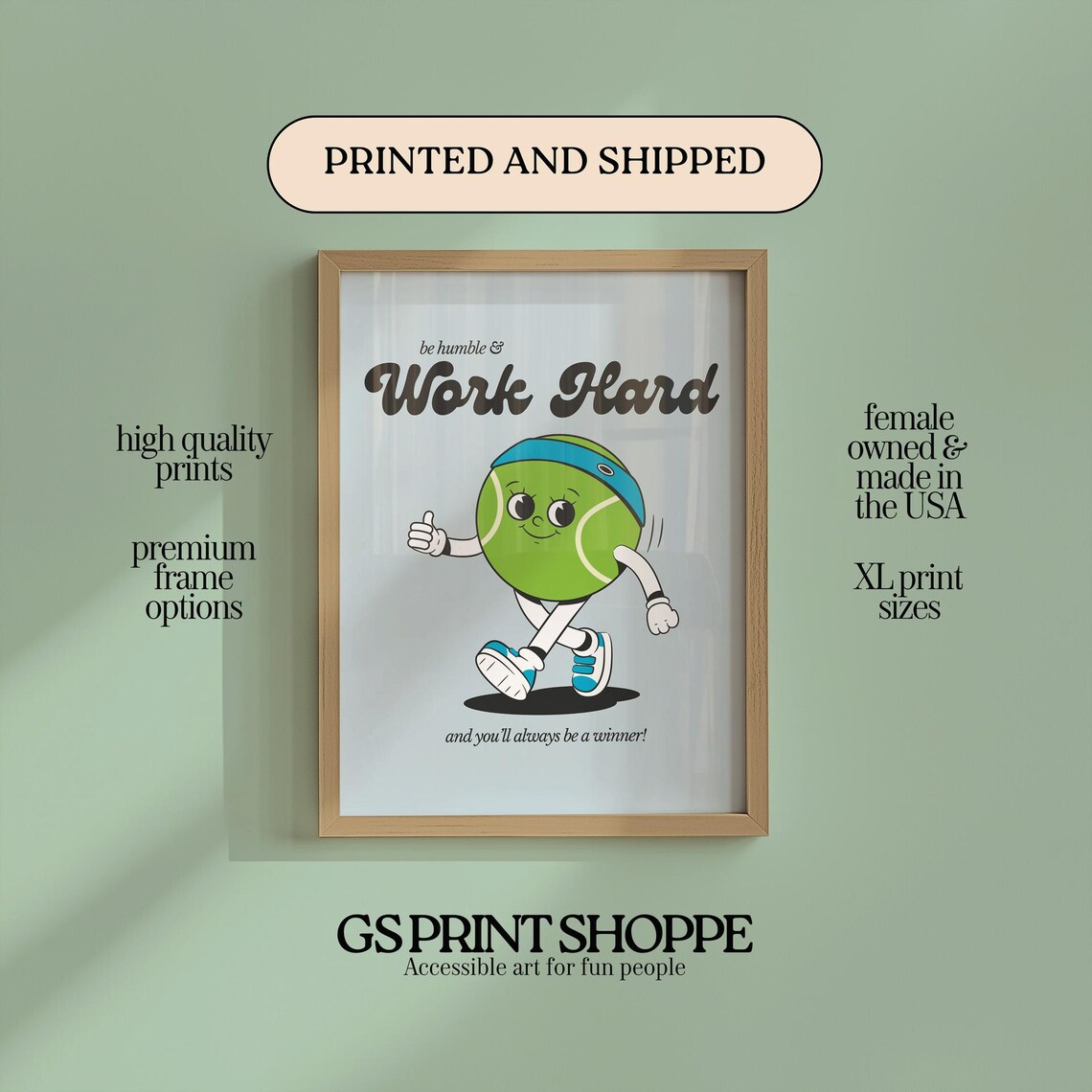 Be Humble Work Hard Tennis Ball Retro Cartoon Character Poster