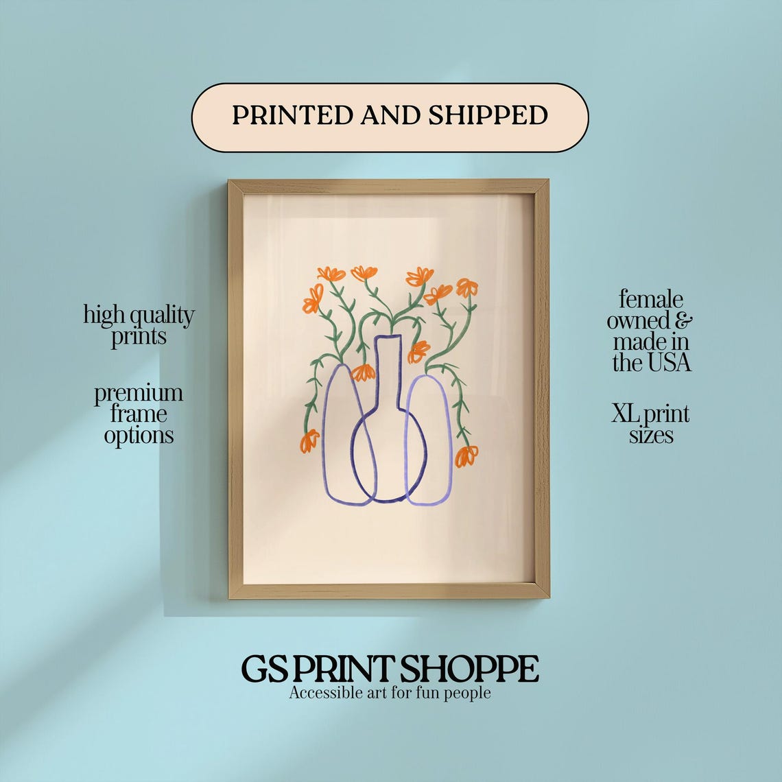 Hand Drawn Orange Flower Trio Vase Doodle Modern Botanical Poster