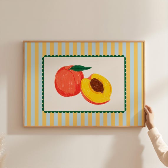 Peach Print Cute Kitchen Wall Art Minimalist Fruit Print Just Peachy Print Aesthetic Kitchen Decor Stripe Art Print