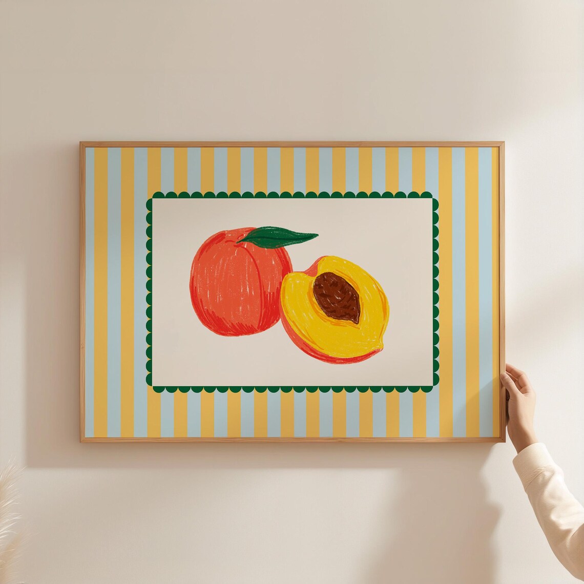 Peach Print Cute Kitchen Wall Art Minimalist Fruit Print Just Peachy Print Aesthetic Kitchen Decor Stripe Art Print