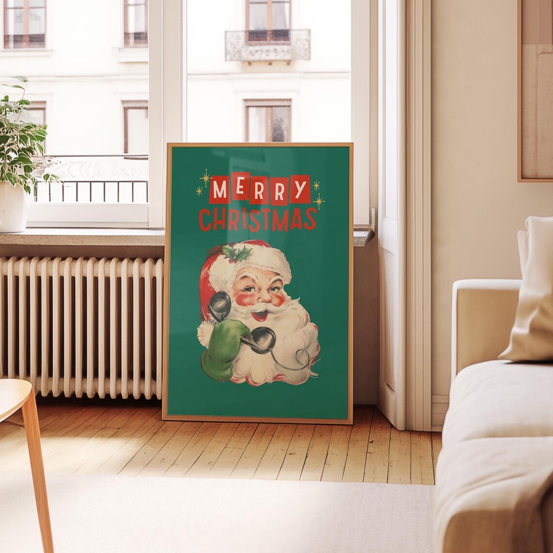 Merry Christmas Santa Poster Vintage Santa on Telephone Green Art