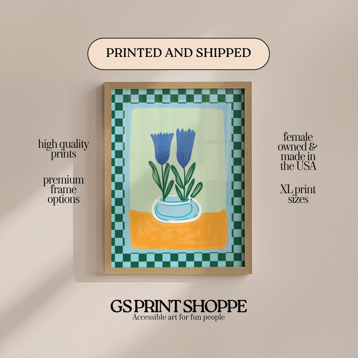 Blue Flowers Vase Teal Checkered Border Modern Floral Art Print