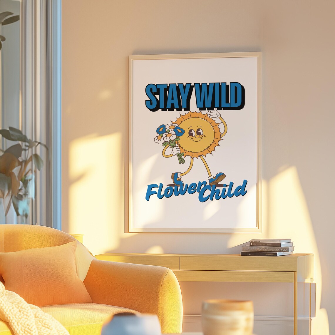 Stay Wild Flower Child Retro Sun Cartoon Blue Yellow Groovy Poster
