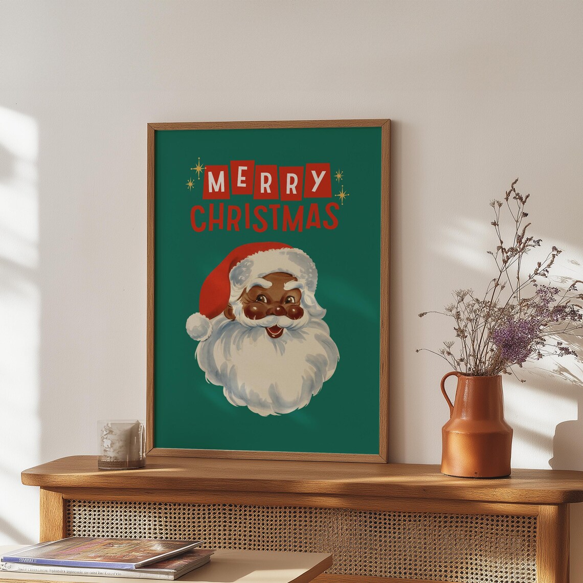 Merry Christmas Santa Poster Retro Black Santa Face Green Holiday - Image 2