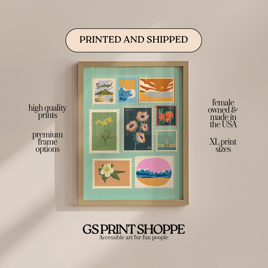 Vintage Nature Postage Stamps Collage Floral Travel Art Poster