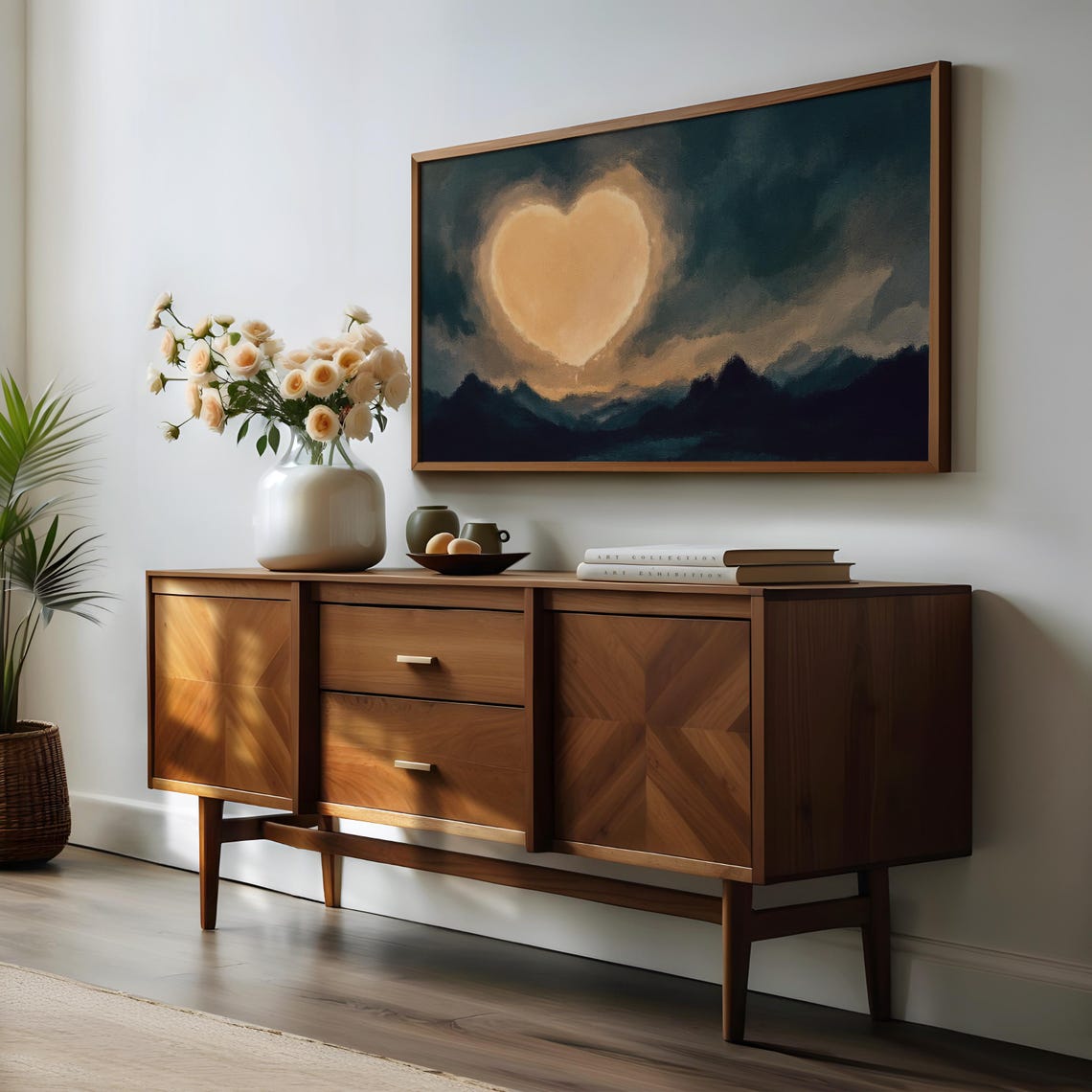 Moody Heart Shaped Moon Over Dark Mountain Night Landscape Art Poster - Image 2
