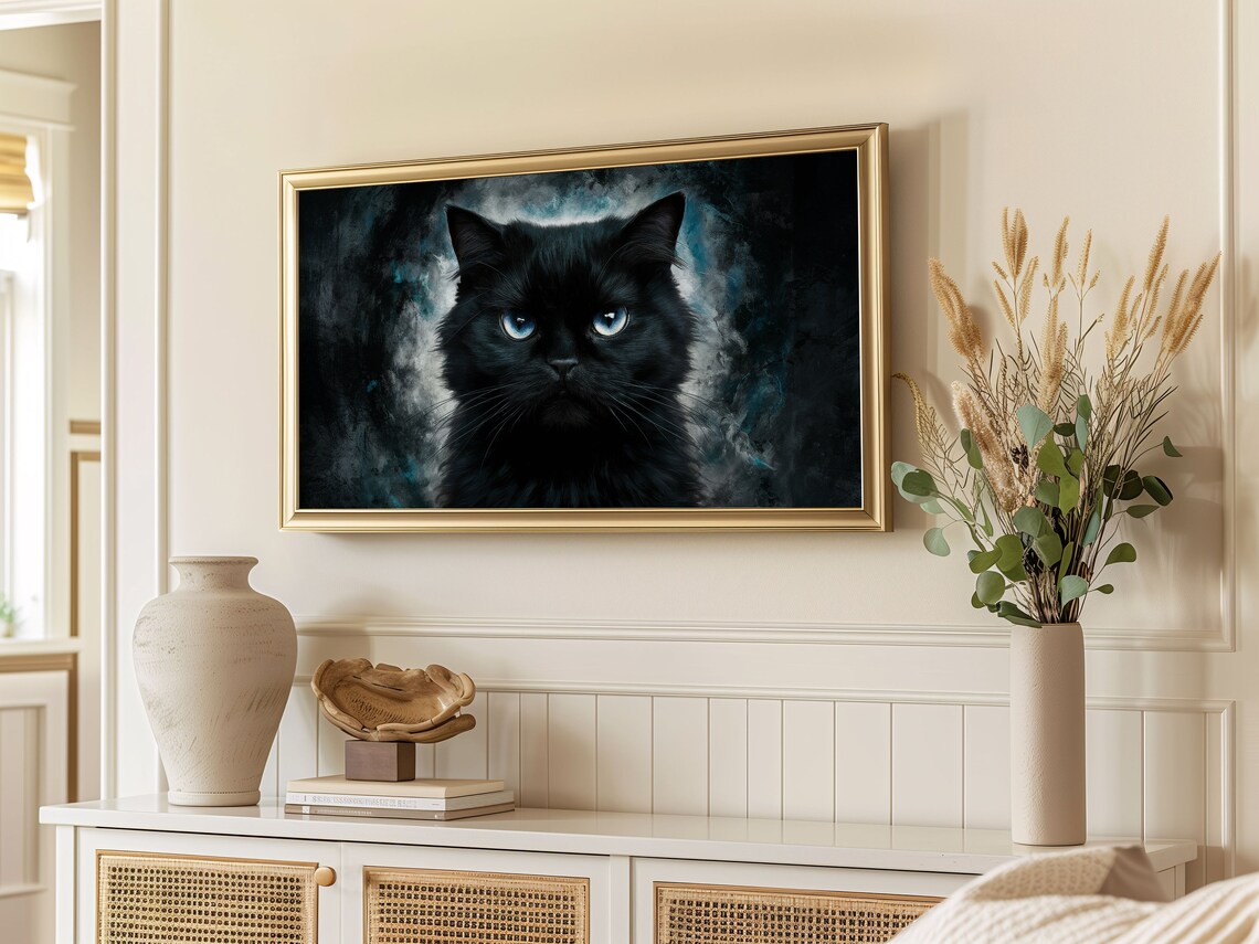 Black Cat Blue Eyes Moody Dark Gothic Halloween Cat Painting Wall Art - Image 2