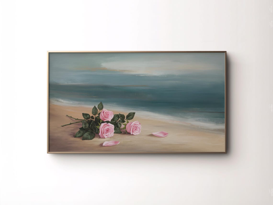 Pink Roses Sandy Beach Ocean Waves Moody Coastal Floral Poster