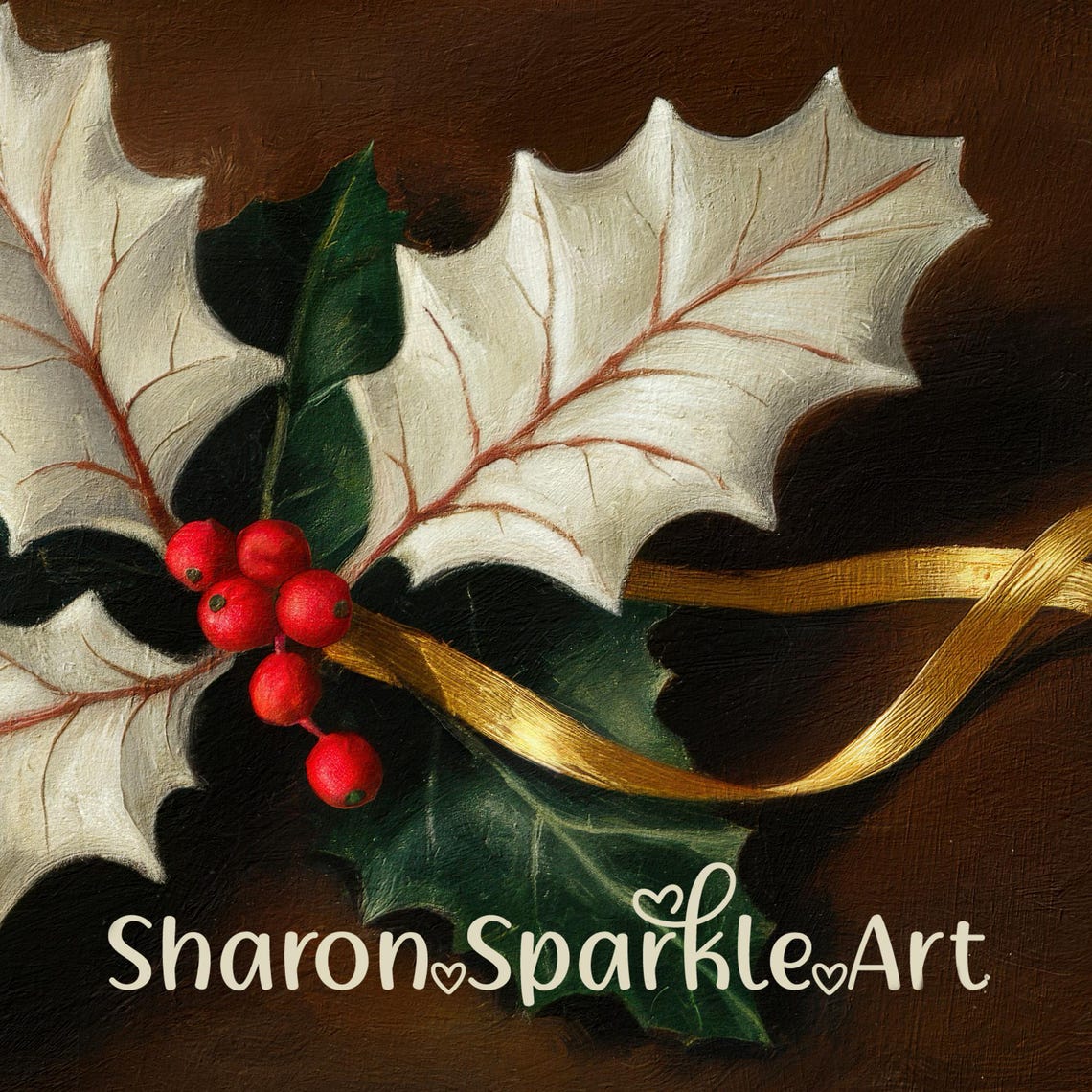 White Holly Leaves Red Berries Gold Ribbon Vintage Christmas Poster - Image 4