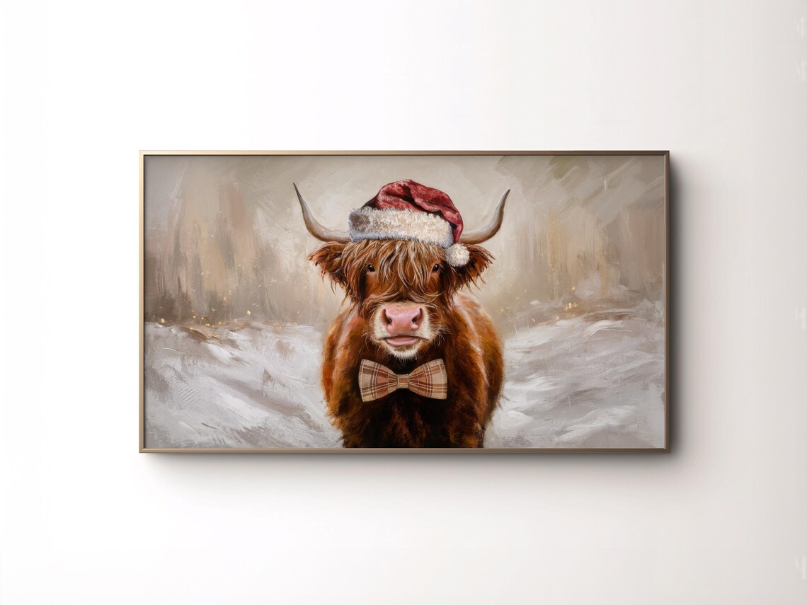 Highland Cow Santa Hat Plaid Bow Tie Snowy Christmas Painting Poster