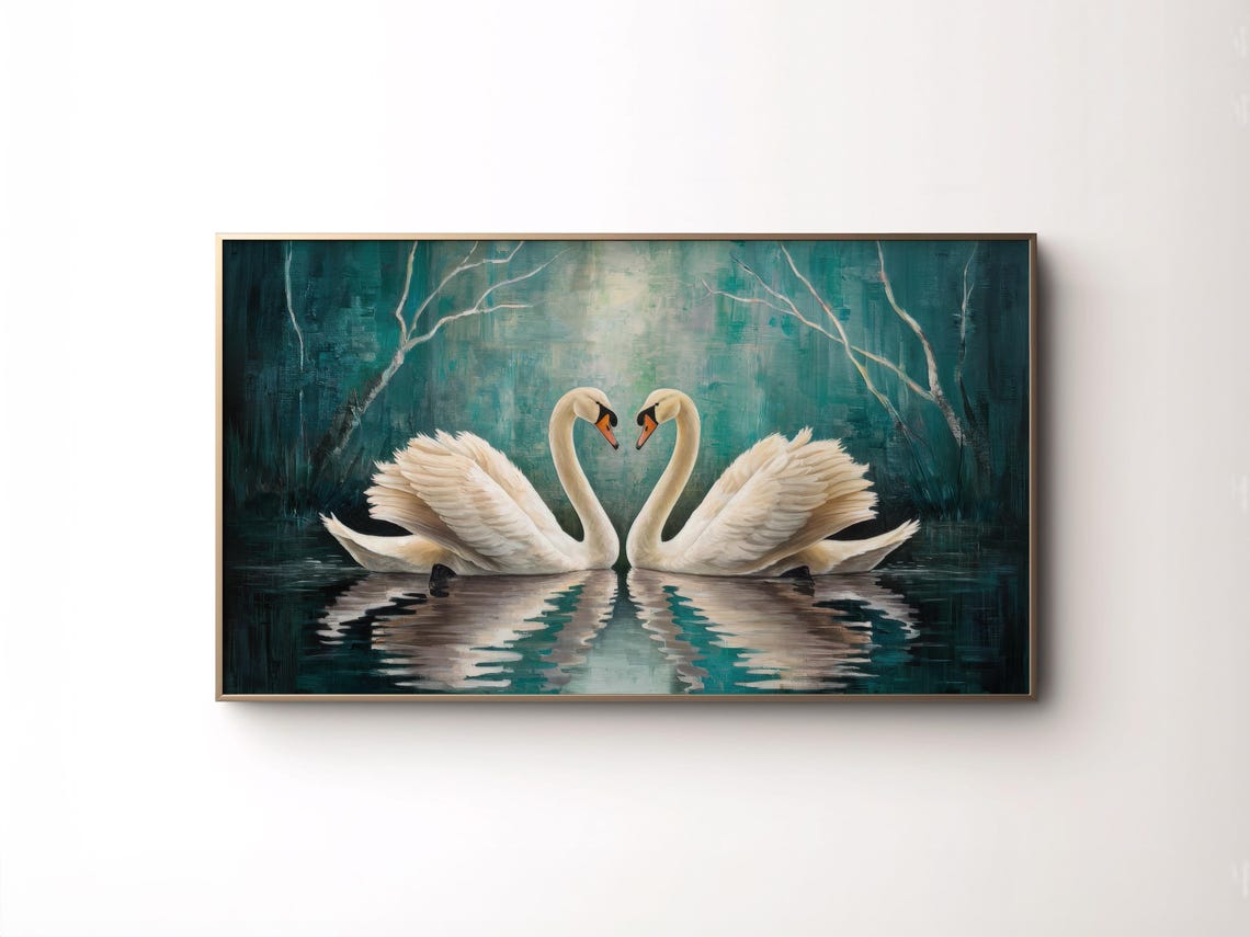 White Swans Heart Necks Teal Winter Lake Romantic Painting Poster