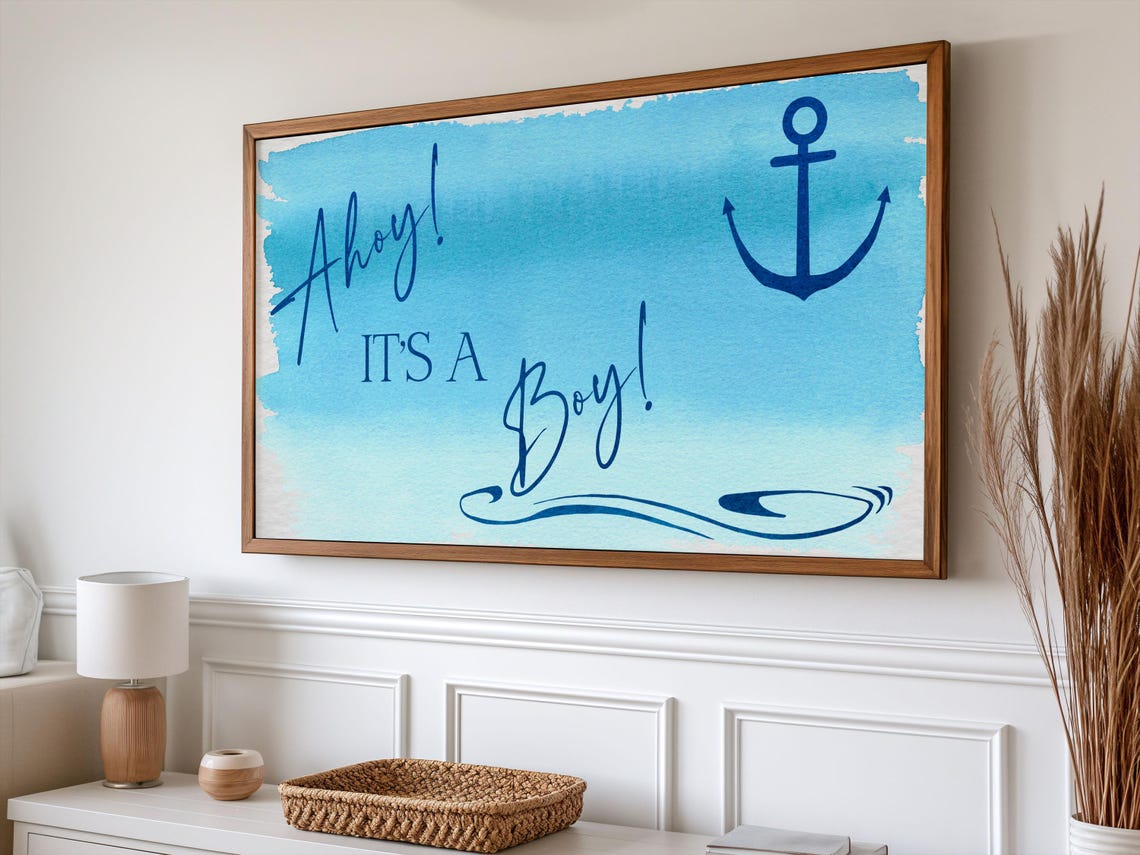 Boy Baby Shower Frame Tv Art Ahoy Its A Boy Blue Baby Shower Party Tv Decor Nautical Baby Shower Tv Picture Art For Tv - Image 5