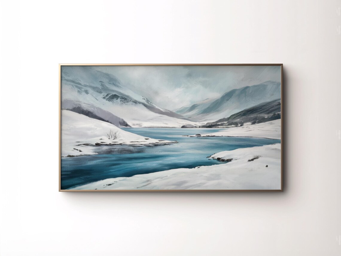 Snowy Mountain Lake Teal Water Misty Peaks Winter Landscape Poster - Image 5