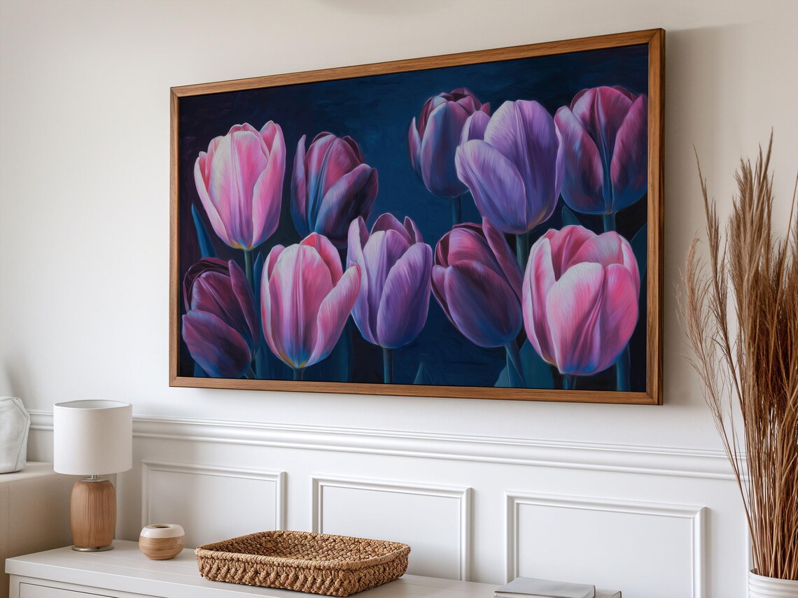 Pink Purple Tulips Dark Navy Background Moody Floral Art Poster - Image 4