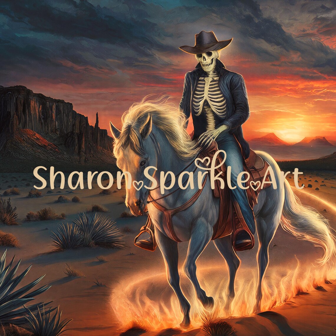 Skeleton Cowboy Horse Desert Sunset Western Halloween Painting Art Poster - Image 4