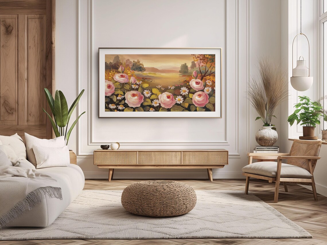 Pink Roses Daisies Sunset Garden Rustic Cottagecore Floral Poster - Image 3