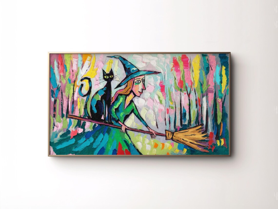 Colorful Abstract Witch Broom Black Cat Bold Maximalist Halloween Poster
