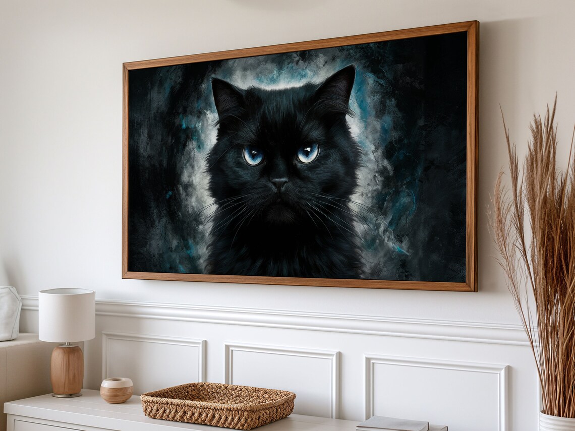 Black Cat Blue Eyes Moody Dark Gothic Halloween Cat Painting Wall Art - Image 3