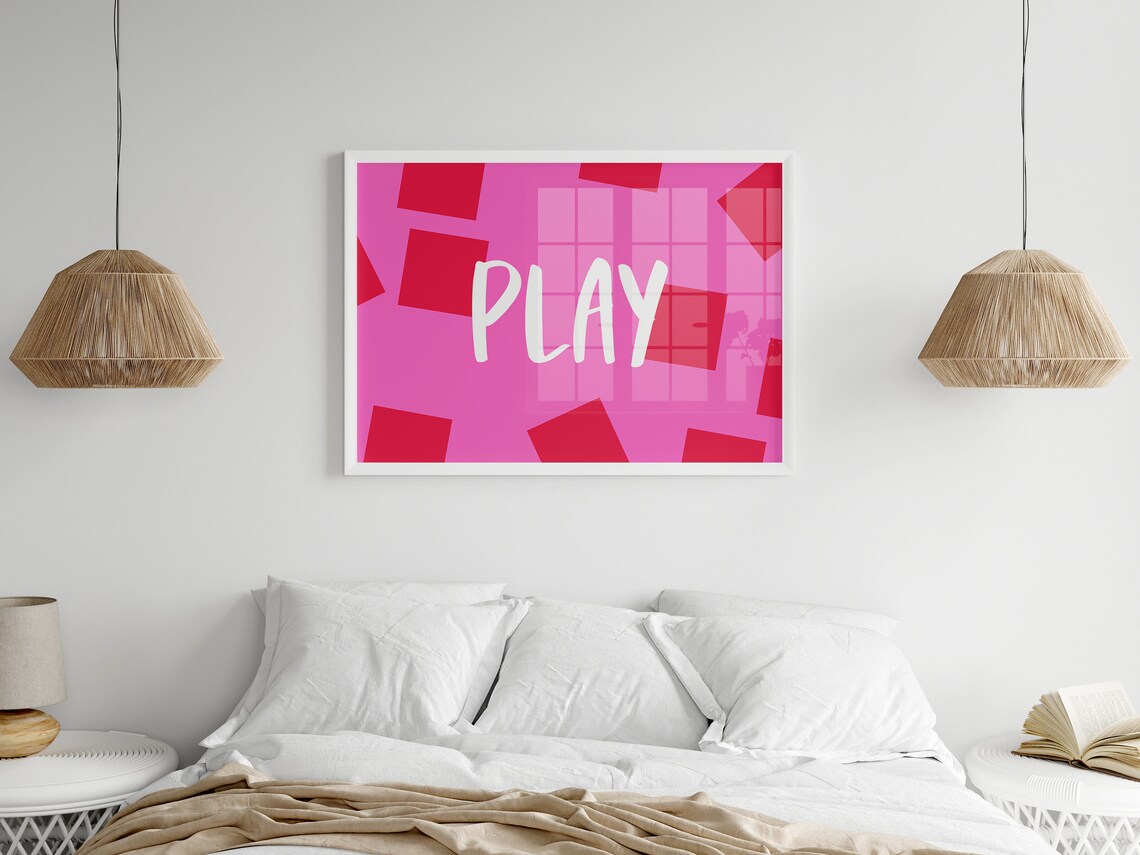 Play White Script On Hot Pink Geometric Retro Bold Minimalist Wall Poster - Image 4