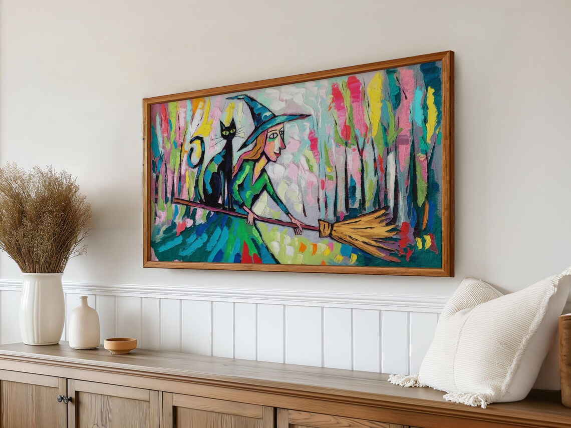 Colorful Abstract Witch Broom Black Cat Bold Maximalist Halloween Poster - Image 2