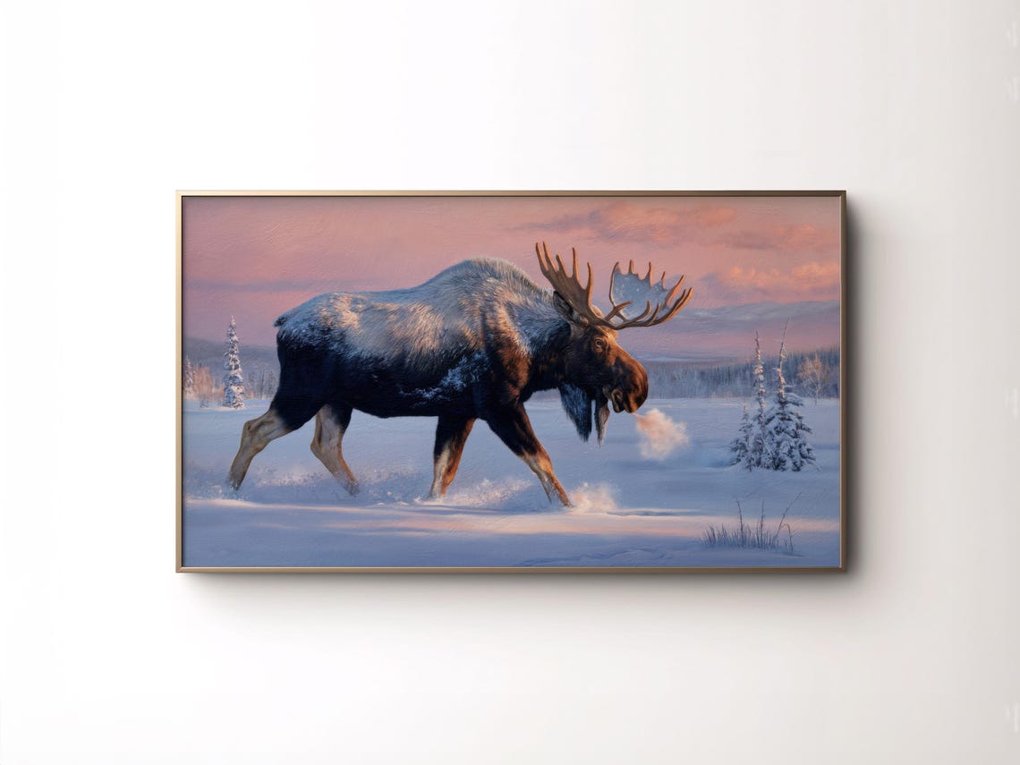 Bull Moose Walking Snowy Forest Dusk Pink Sky Wildlife Poster - Image 5