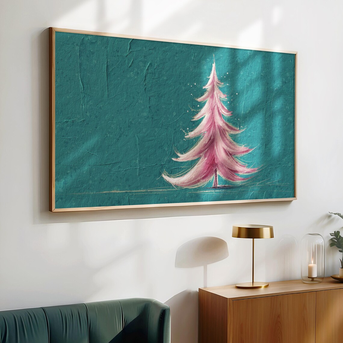 Pink Christmas Tree Teal Textured Background Modern Holiday Art Poster - Image 4