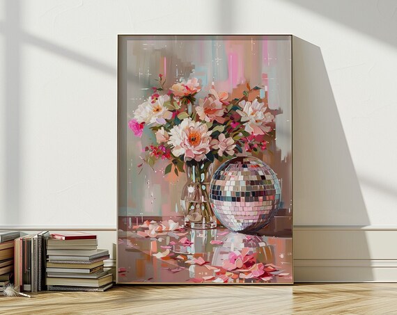 Preppy Pink Floral Disco Ball Girly Room Cute Flower Art Poster