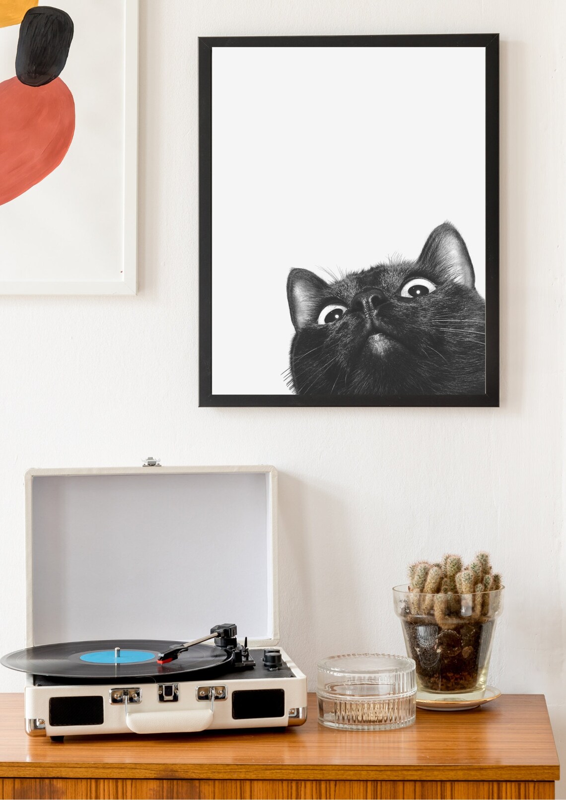 Curious Black Cat Peeking Up Wide Eyes Black White Photo Poster - Image 3