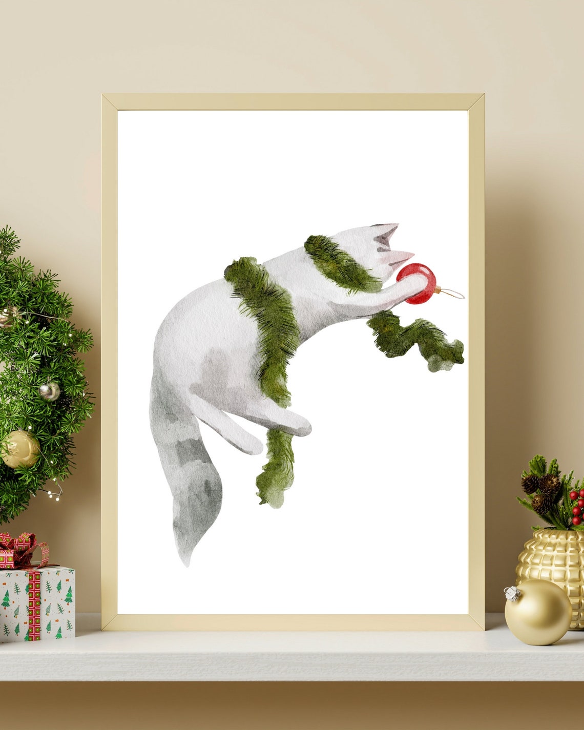 Christmas Cat Tangled in Garland Watercolor Holiday Kitty Poster - Image 4
