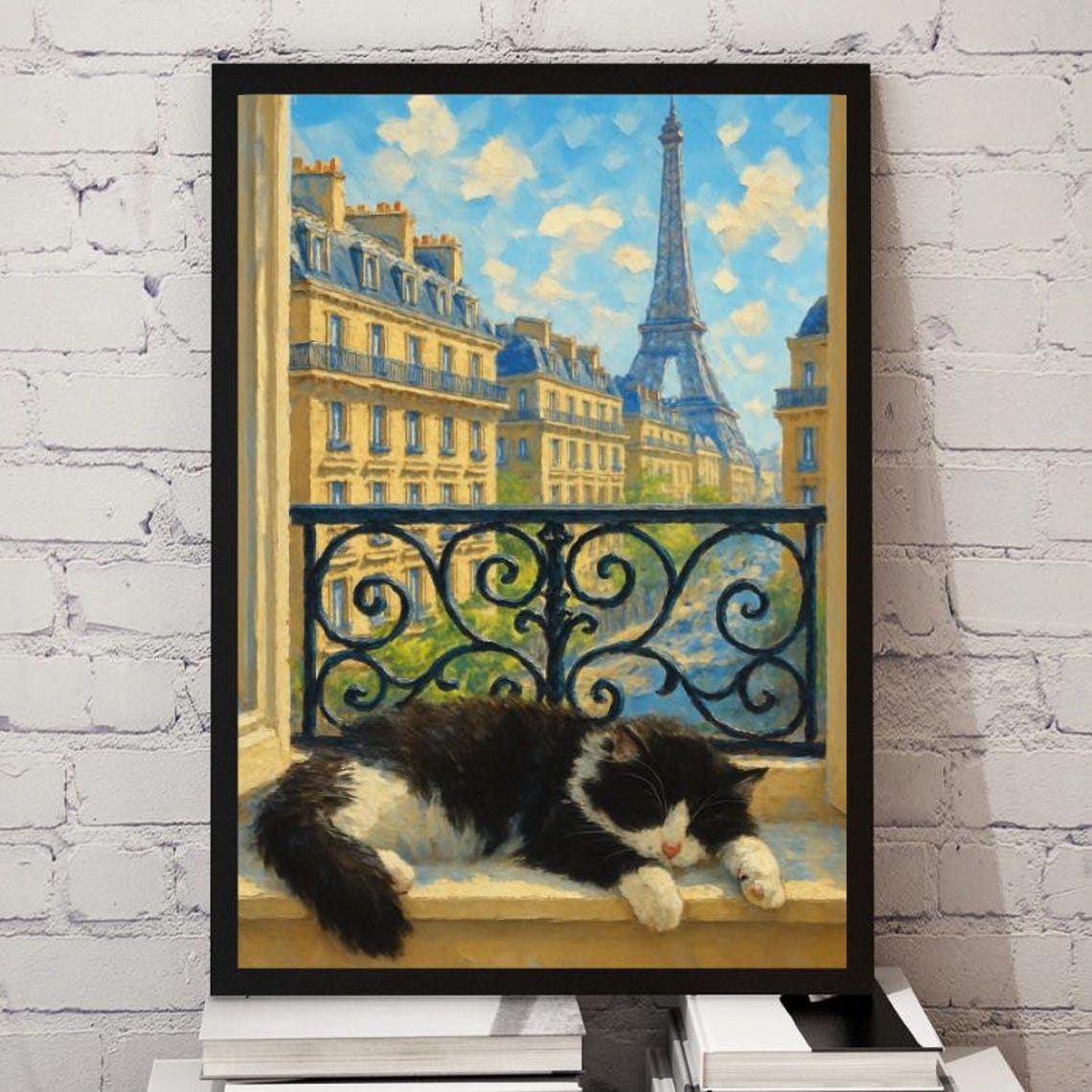 Sleeping Cat Paris Balcony Eiffel Tower View Cute Oil Painting Poster
