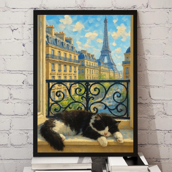 Sleeping Cat Paris Balcony Eiffel Tower View Cute Oil Painting Poster