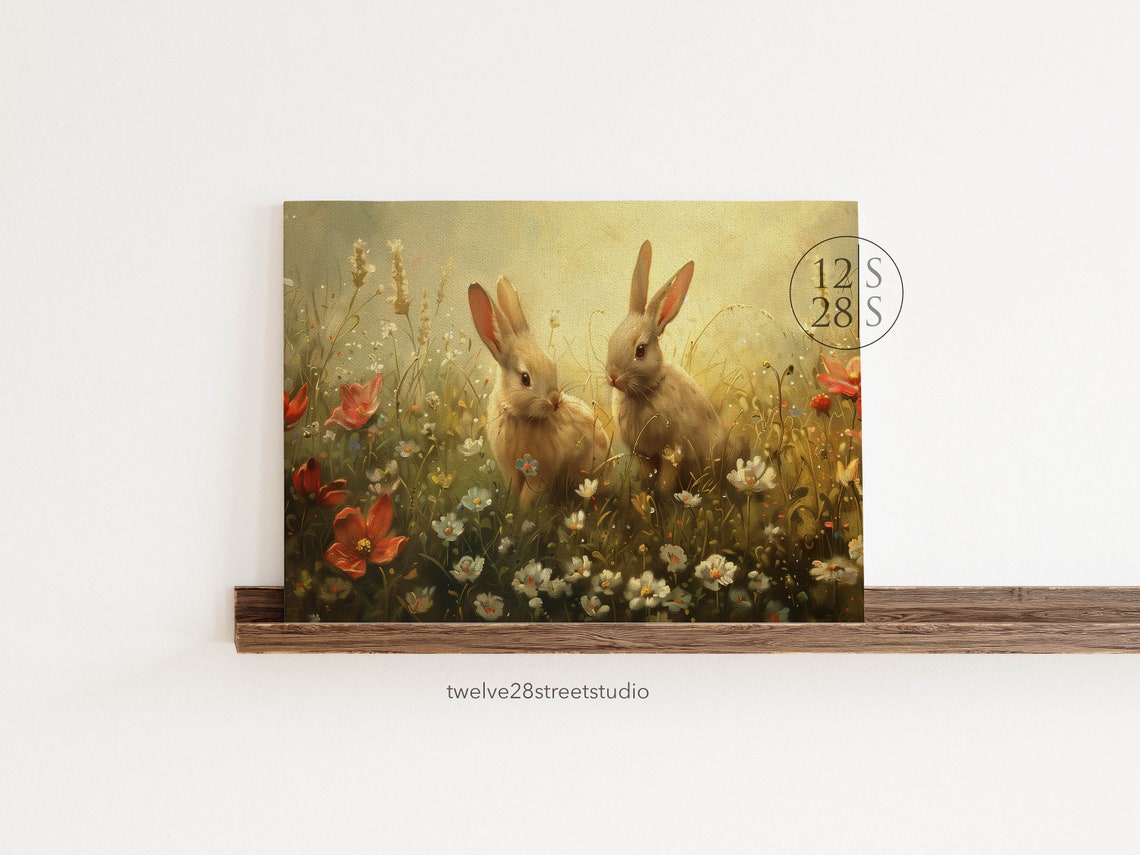 Easter Bunnies Wildflower Meadow Vintage Spring Floral Rabbit Poster - Image 2