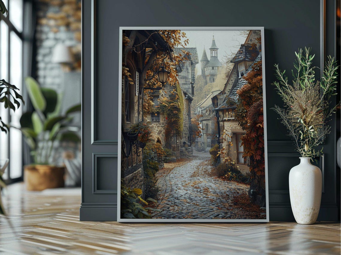 European Old Town Cobblestone Alley Autumn Street Travel Poster - Image 3
