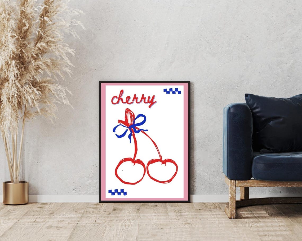Cherry Red Bow Retro Fruit Illustration Pink Kitchen Decor Poster - Image 3