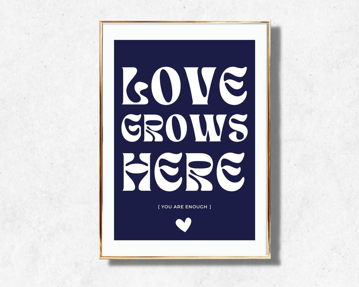 Love Grows Here Navy White Retro Typography Heart Quote Poster - Image 4