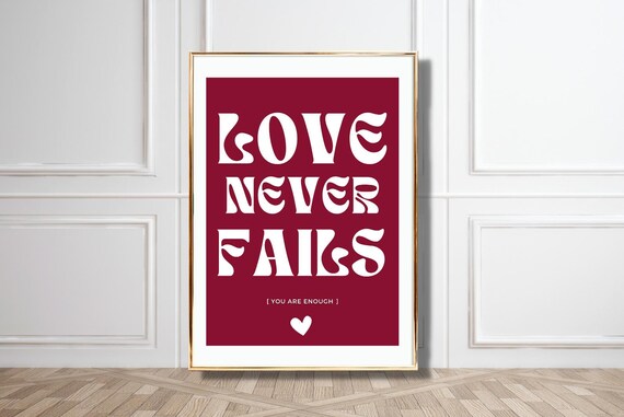 Love Never Fails Burgundy White Retro Typography Heart Quote Poster