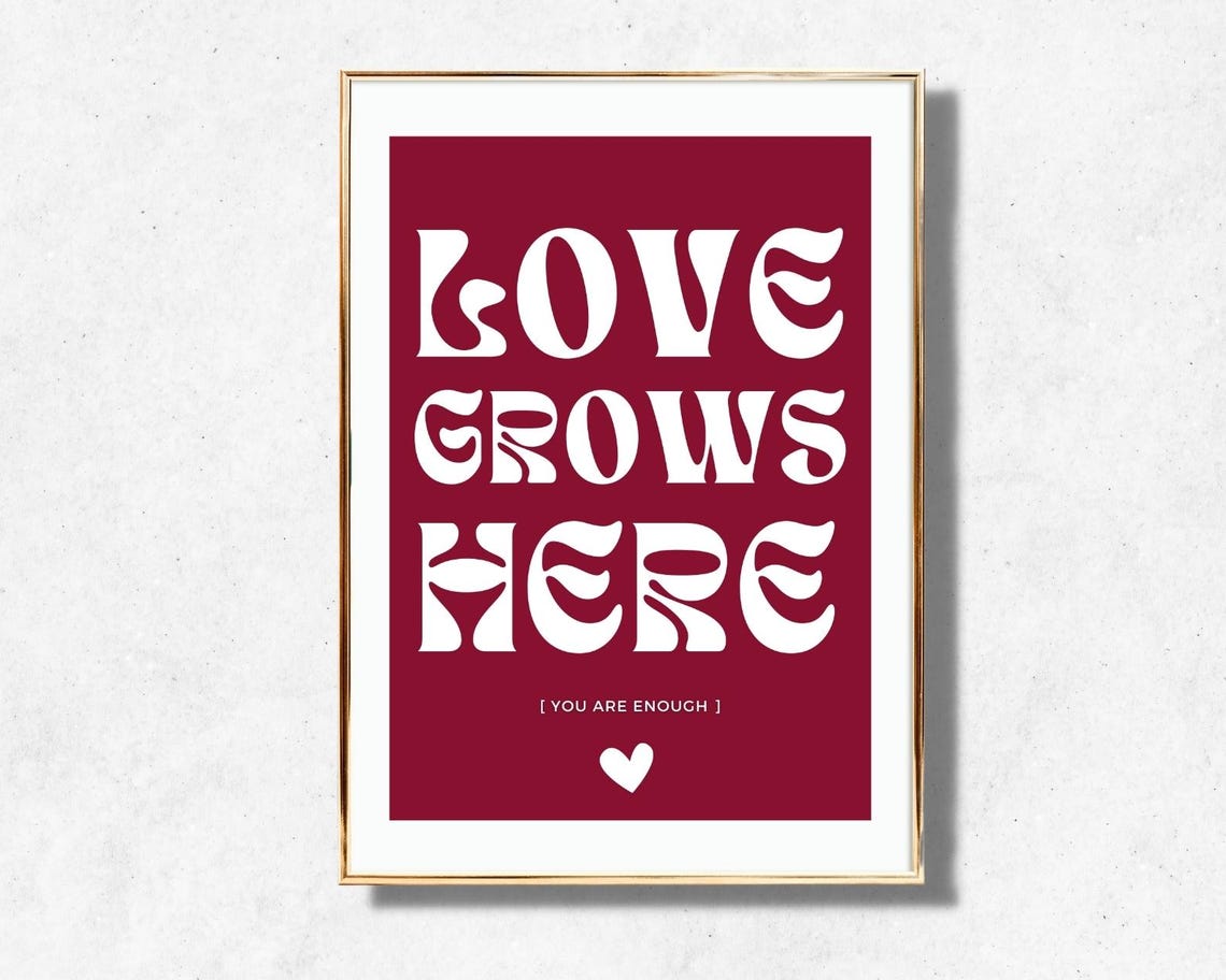 Love Grows Here Burgundy White Retro Typography Heart Quote Poster - Image 4