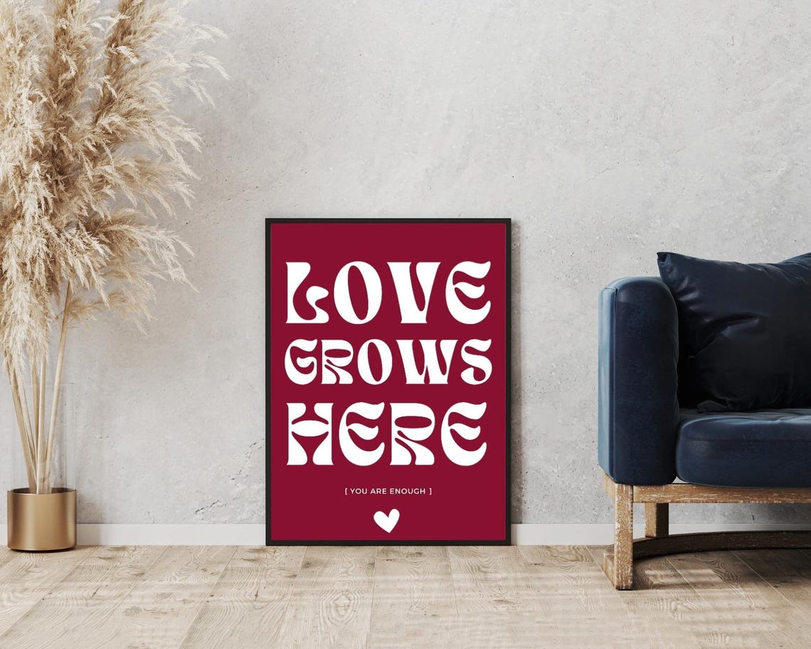 Love Grows Here Burgundy White Retro Typography Heart Quote Poster - Image 5