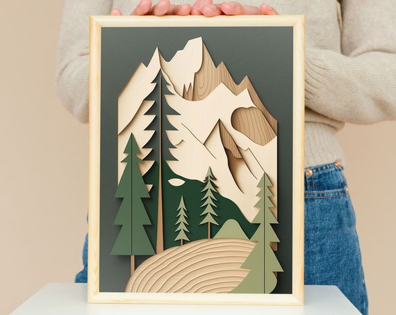 Wood Style Mountain Print Rustic Wall Art Lake House Decor Nature Art Natural Cabin Decor Beige Art Art For Cabin