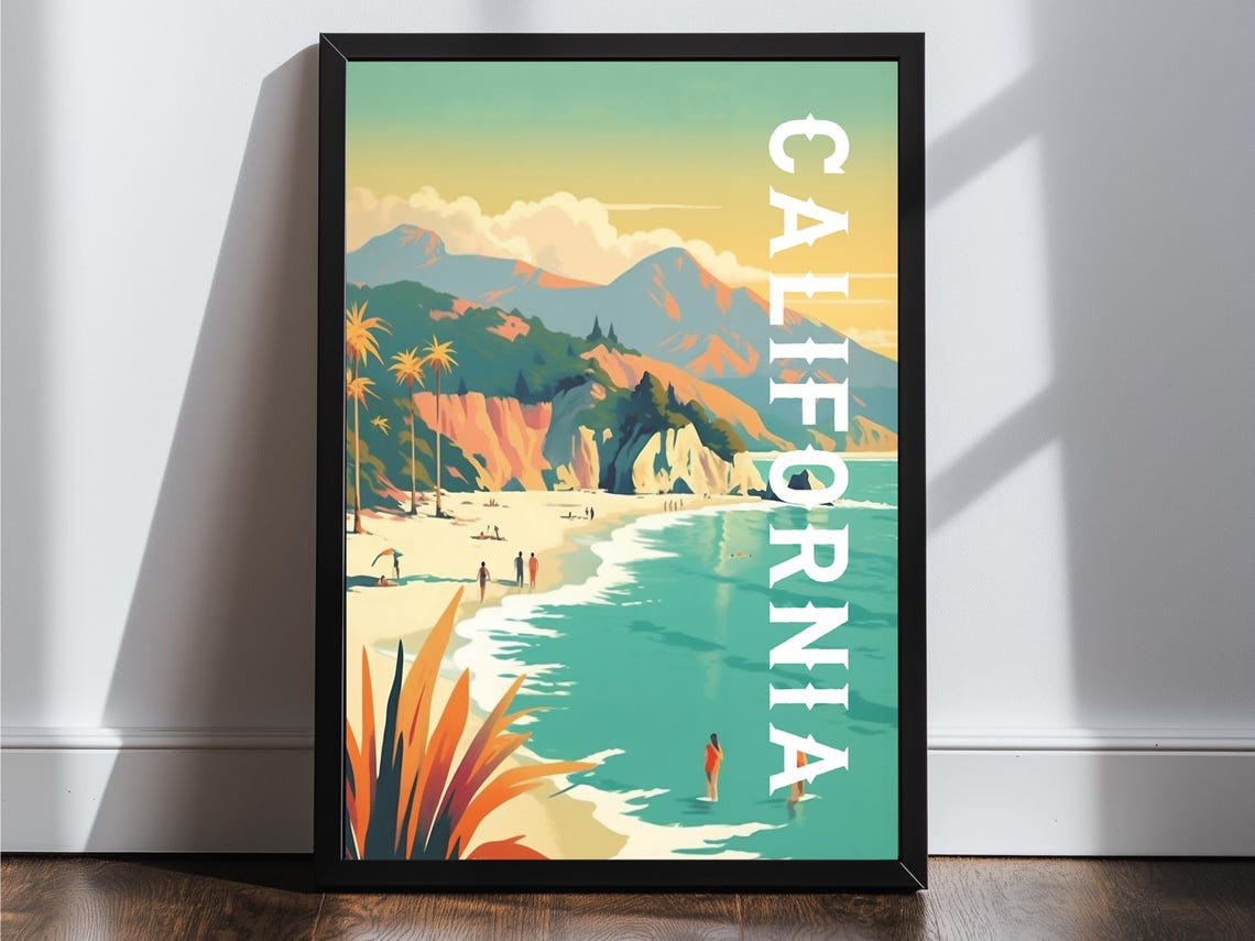 California Beach Cliffs Palm Trees Surf Waves Vintage Travel Poster