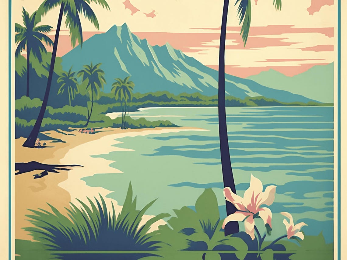 Hawaii Palm Beach Mountain Hibiscus Vintage Travel Poster Art - Image 3