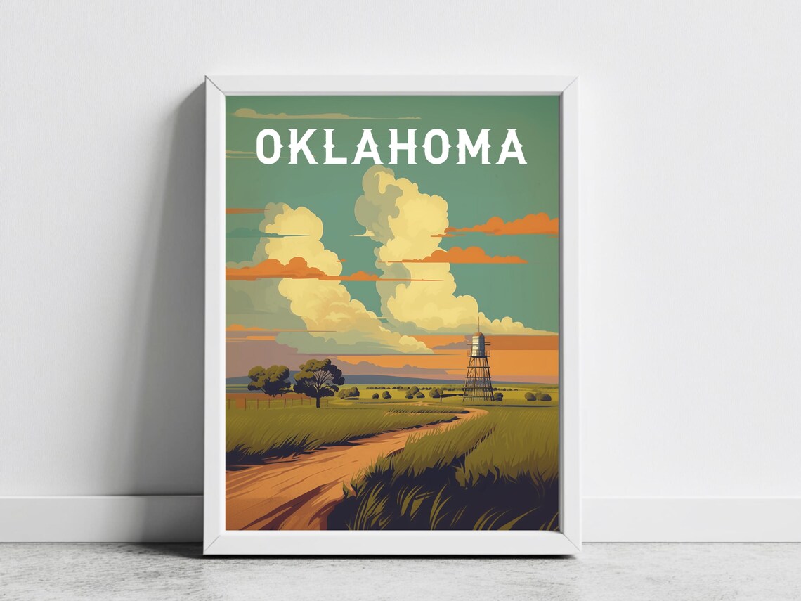 Oklahoma Prairie Sunset Dirt Road Oil Pumpjack Vintage Travel Poster - Image 3